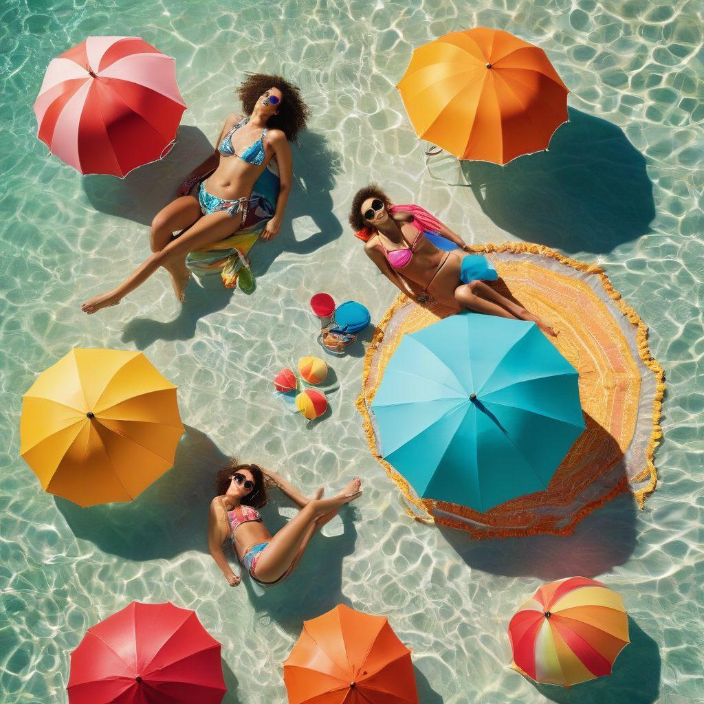 A vibrant beach scene featuring fashionable swimwear on a diverse group of models showcasing various hot summer trends. Sunlight glistening on crystal-clear waves, colorful beach umbrellas, and playful beach accessories scattered around. Emphasize bold swimsuits, stylish cover-ups, and trendy sunglasses to capture the essence of summer fashion. The atmosphere should be lively and inviting, evoking a sense of fun and relaxation. super-realistic. vibrant colors. dynamic composition.